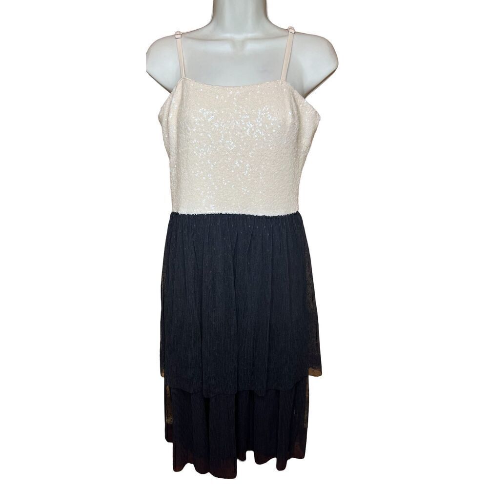 Dress the Population Kady Sequin Block Print Tiered Dress in Cream & Black NWT